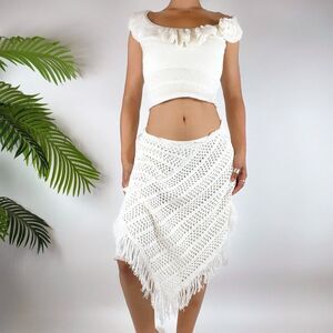 Vintage Y2K White Cottagecore Beachy Crochet Coastal Boho Shawl Skirt/ Sz: One